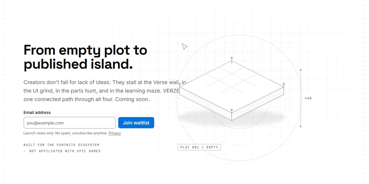 The VERZE landing page: 'From empty plot to published island.'